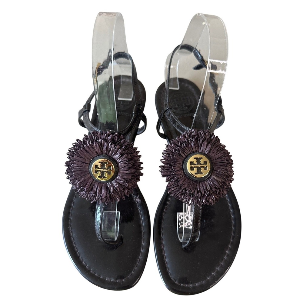 Tory Burch Raffia Flower T-Strap Sandals Espresso Gold Size 7